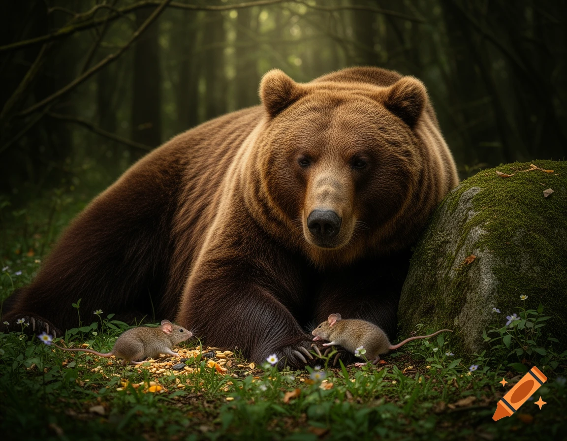 A photorealistic brown bear rests near a mossy rock in a forest, with two small mice foraging on the grass nearby.