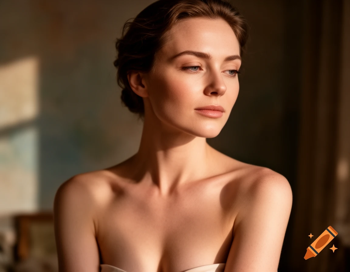 A close-up, photorealistic portrait of a woman with bare shoulders looking away, bathed in warm light from the side, against a softly lit background.