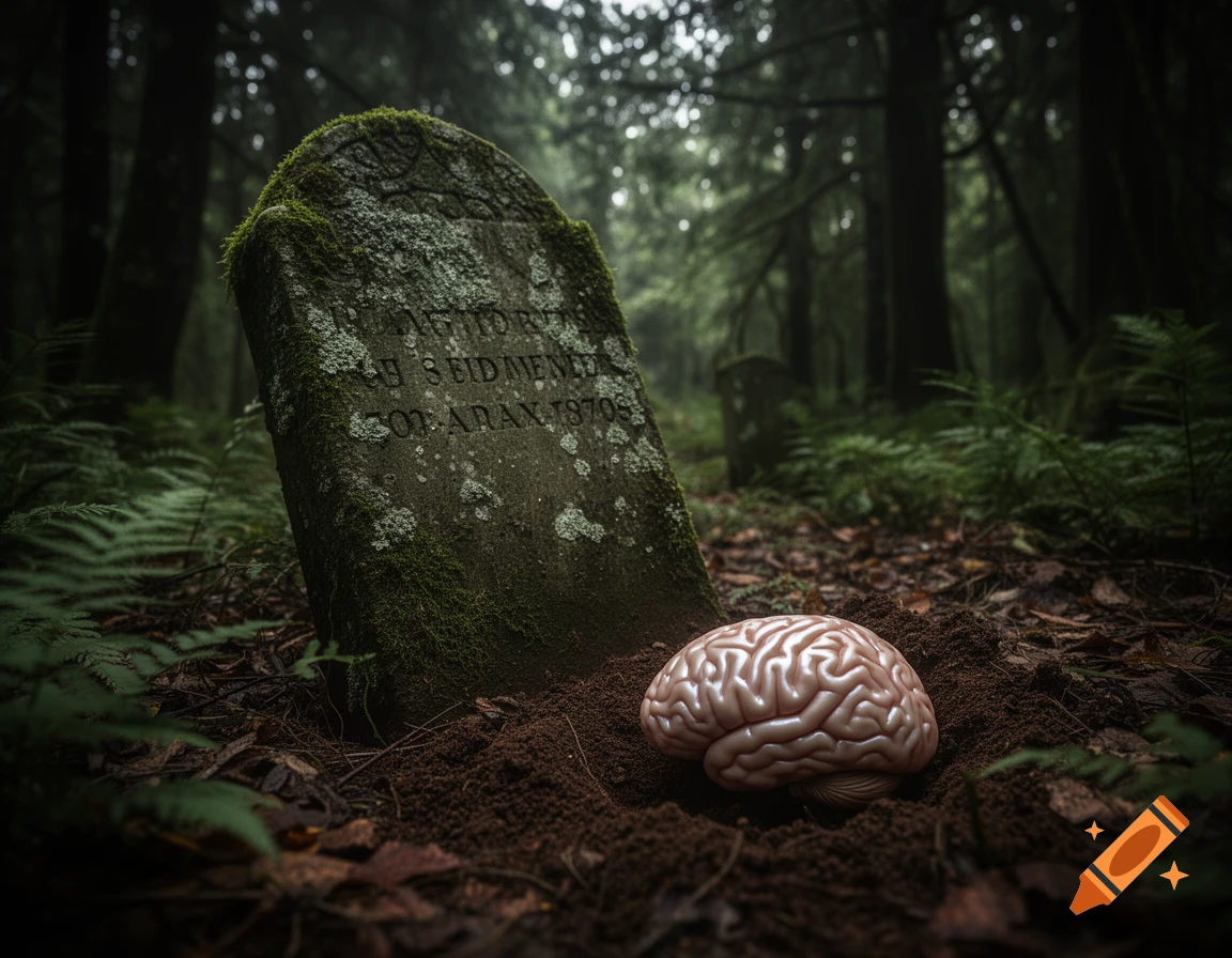 A human brain emerges from the disturbed soil in a dark, mossy forest next to an old, weathered tombstone.