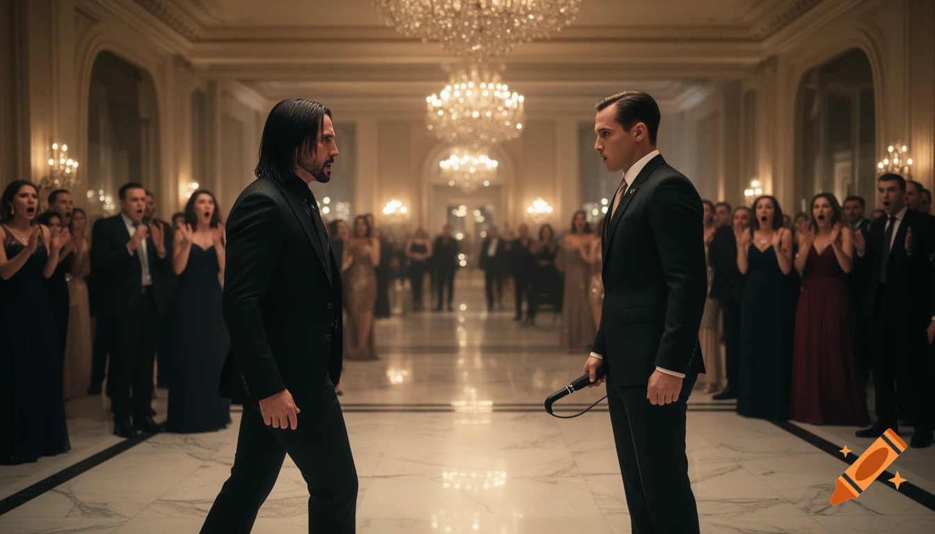 Photorealistic image of John Wick and a Kingsman-like agent in suits facing off in a grand, chandelier-lit hall with a shocked crowd.