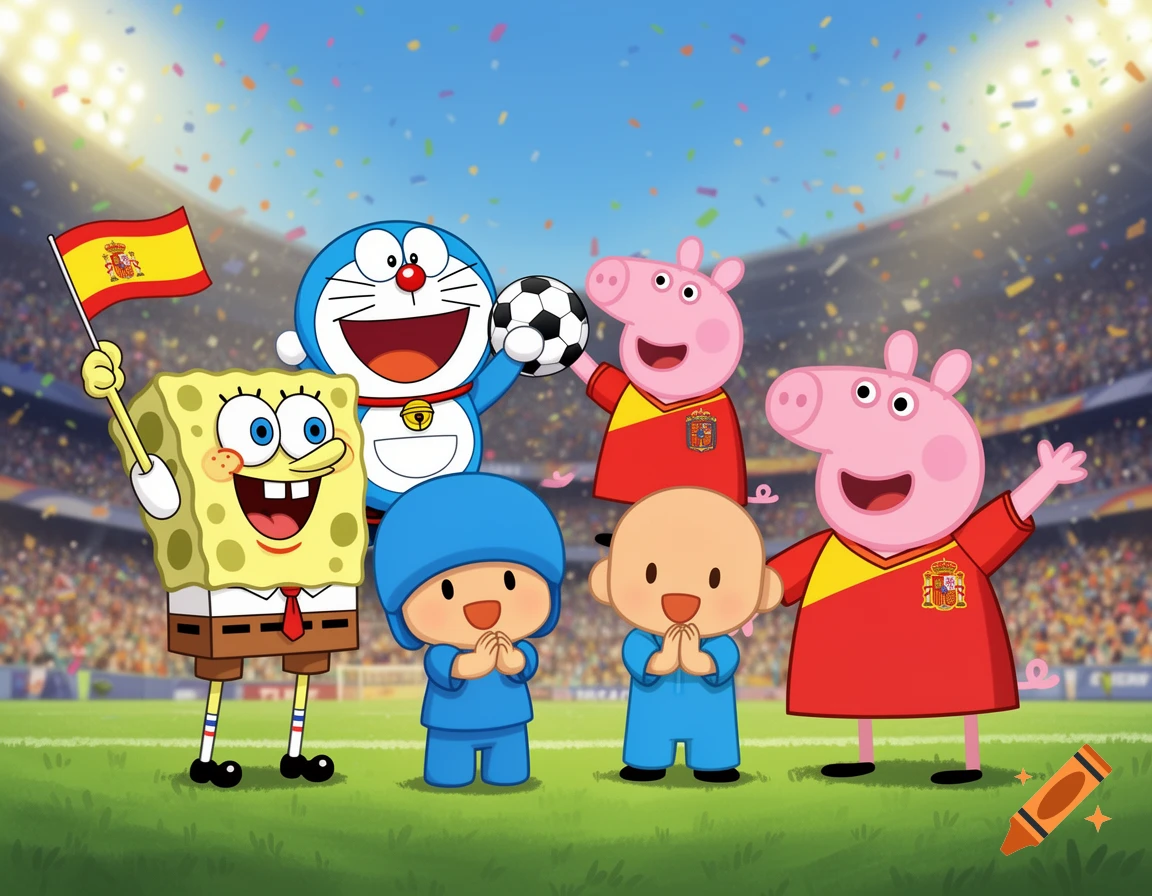 SpongeBob, Doraemon, Peppa Pig, Pocoyo, and a baby cartoon character in Spain jerseys cheer in a soccer stadium with confetti.