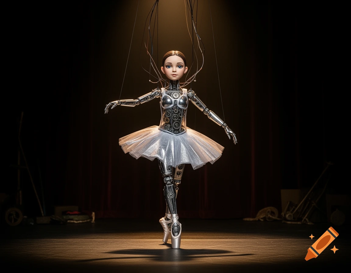 A highly detailed robotic marionette ballerina with a silver body and white tutu poses on a dark stage under a spotlight.