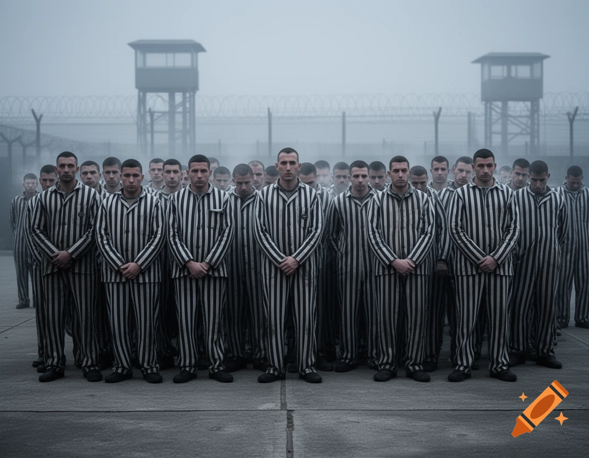 A solemn group of men in striped prison uniforms stands in a foggy prison yard with watchtowers in a photorealistic style.