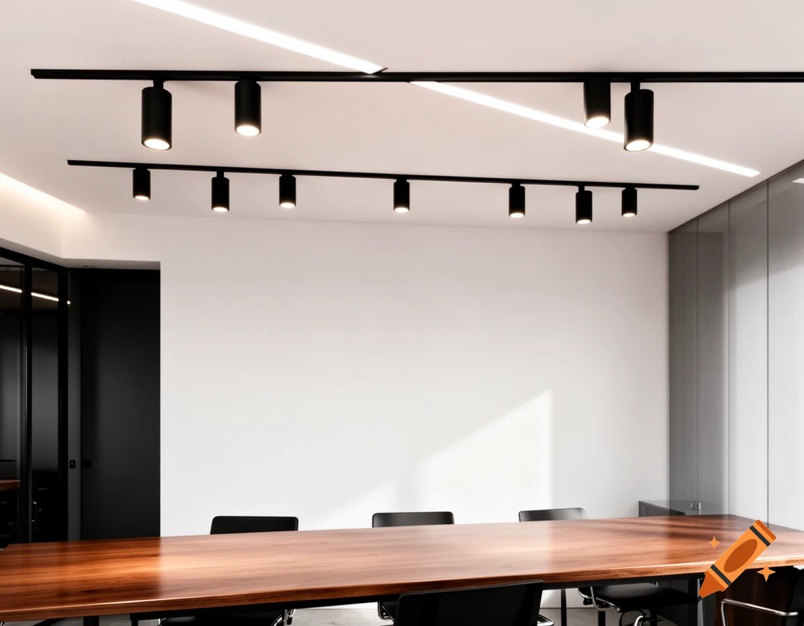 Modern office meeting room with a long wooden table, black chairs, and sleek track lighting on the ceiling.