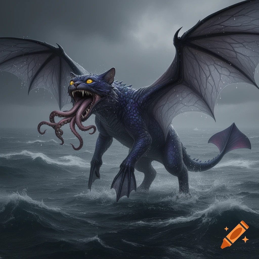 A monstrous dark blue creature with a cat-like head, glowing yellow eyes, bat wings, and octopus tentacles for a tongue, stands in choppy dark ocean water under a stormy sky.