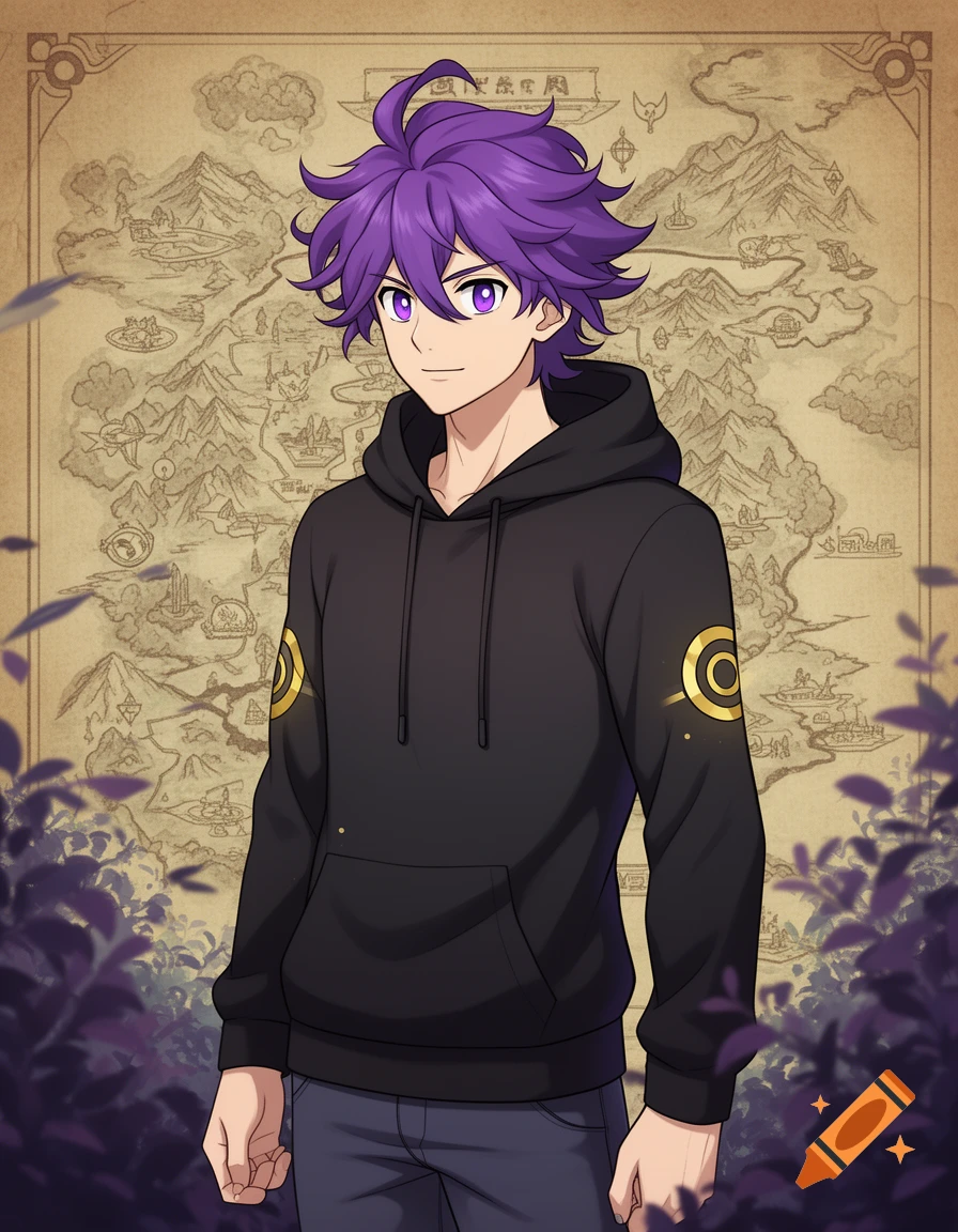 Anime man with purple hair and eyes, black hoodie with gold symbols, standing against an old map background and purple foliage.