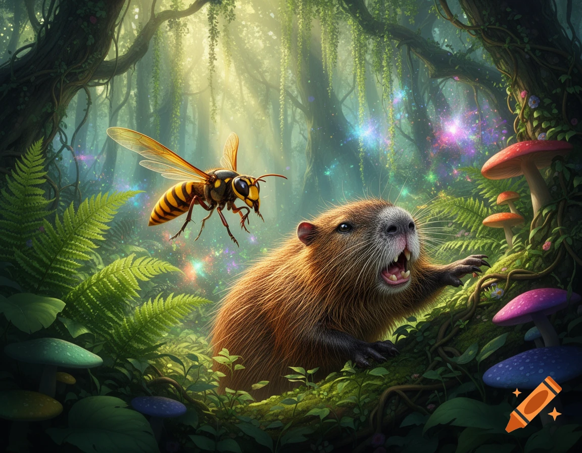 A large wasp hovers over a startled beaver-like animal with an open mouth in a vibrant, magical fantasy forest with glowing lights and colorful mushrooms.