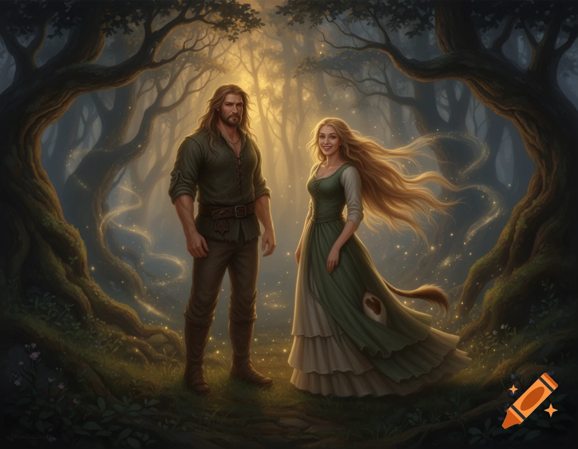 A man and a woman in medieval fantasy attire stand in a magical forest with glowing dust around them. The man has long brown hair and a beard, wearing a dark green tunic. The woman has long blonde hair and wears a green dress, with a slight discoloration on her skirt.