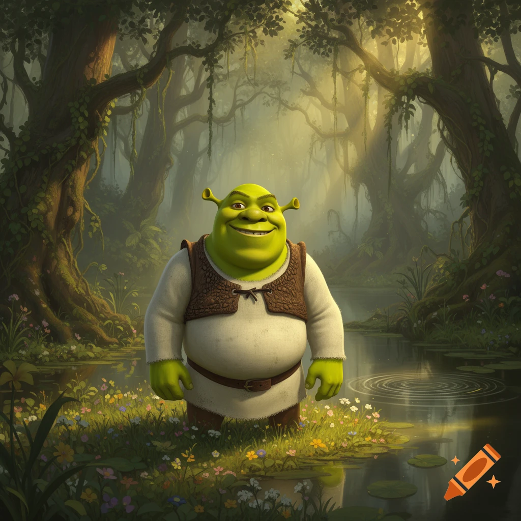 A smiling green ogre, Shrek, stands in a lush, sun-dappled swamp surrounded by wildflowers and still water.