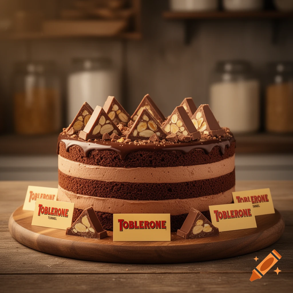 A photorealistic chocolate cake topped with Toblerone chocolate triangles and pieces, surrounded by yellow cards with "TOBLERONE" text, all on a wooden board in a kitchen setting.