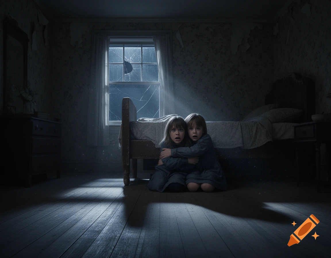 Two frightened children huddle together on the floor of a dark, dilapidated bedroom, bathed in moonlight streaming through a broken window.