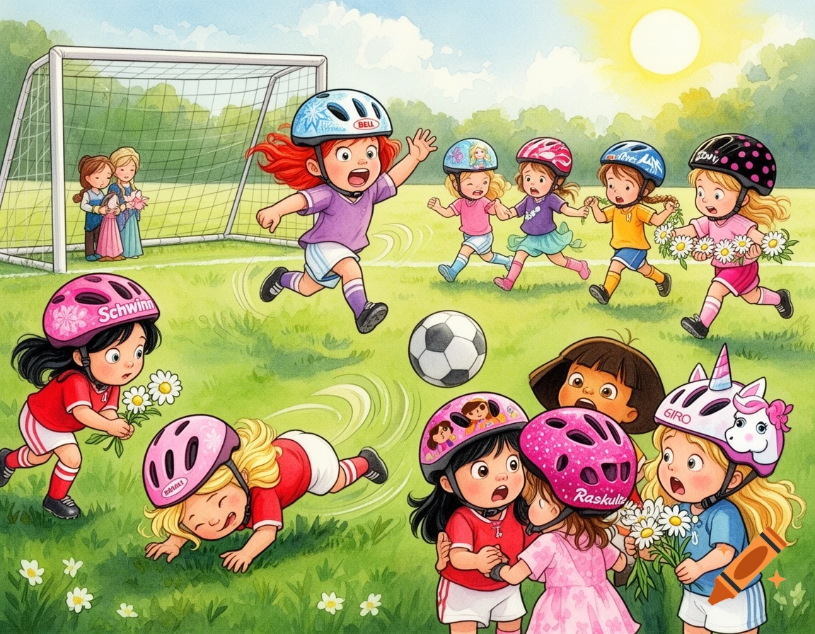 Watercolor painting of young girls in helmets playing a disorganized soccer game on a sunny field, some picking flowers.