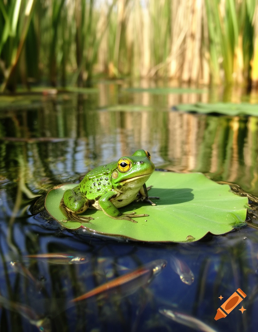 A vibrant green frog with prominent yellow eyes sits on a lily pad in a sunlit pond with tall reeds in the background, and small fish visible in the water below.