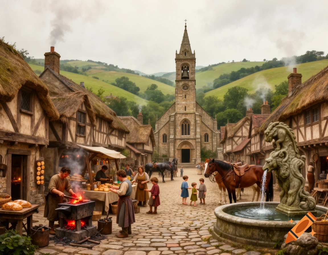 A vibrant medieval village square with people, horses, a blacksmith, a market stall, a church, and a fountain, set amidst green hills.