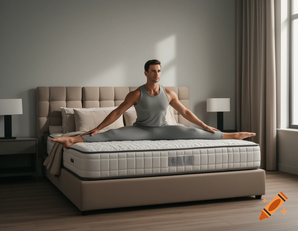 A muscular man in athletic wear does the splits on a modern mattress in a well-lit bedroom.