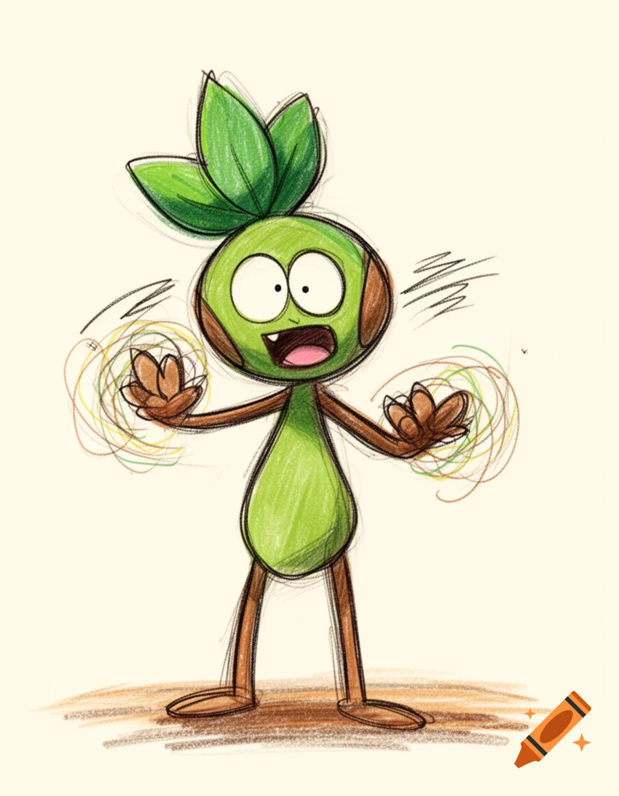 A green, cartoon plant creature with large eyes and a surprised expression, swirling energy around its hands in a colored pencil sketch style.