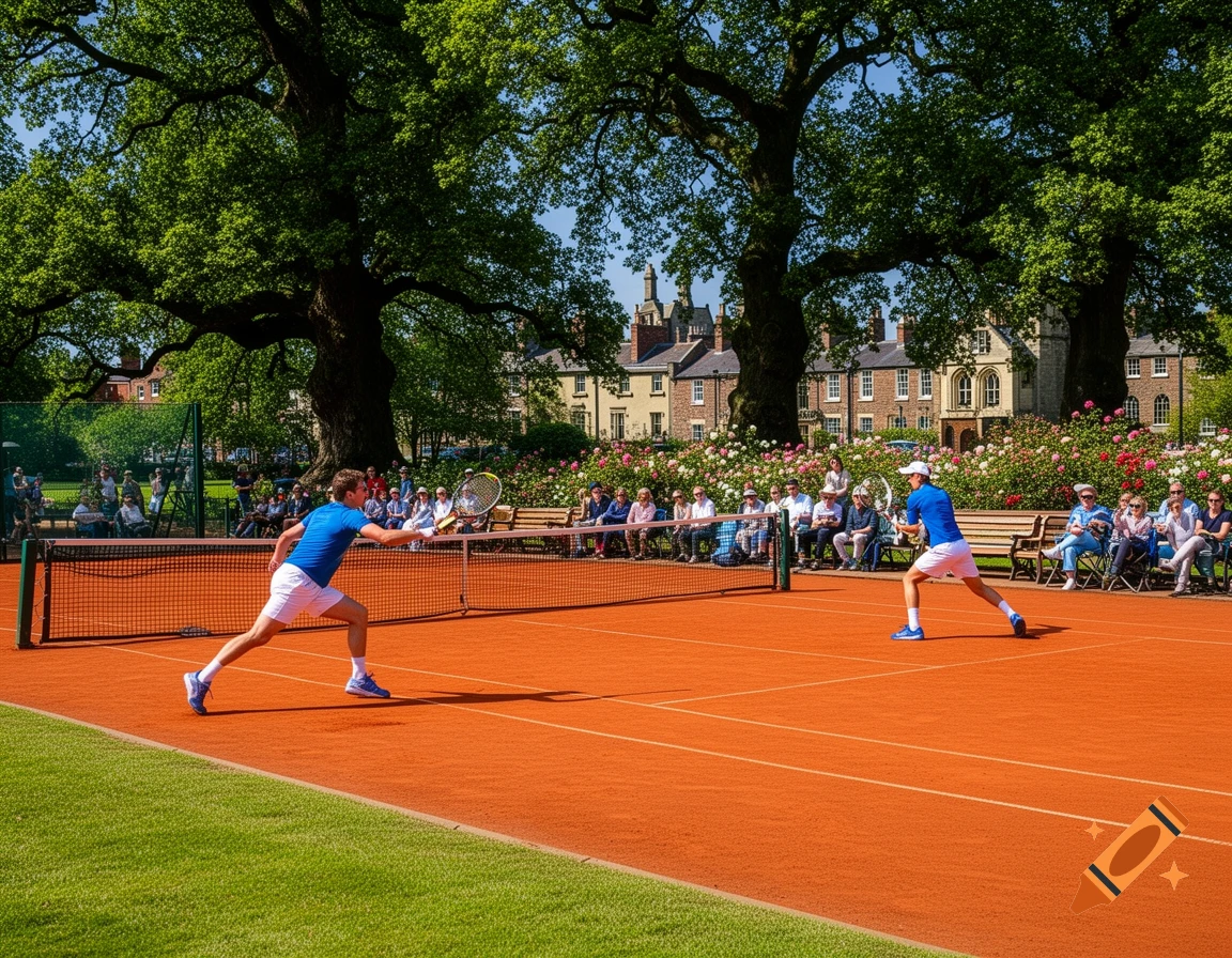 Two men play tennis on a red clay court, observed by spectators, amidst lush trees and historic buildings in a park.