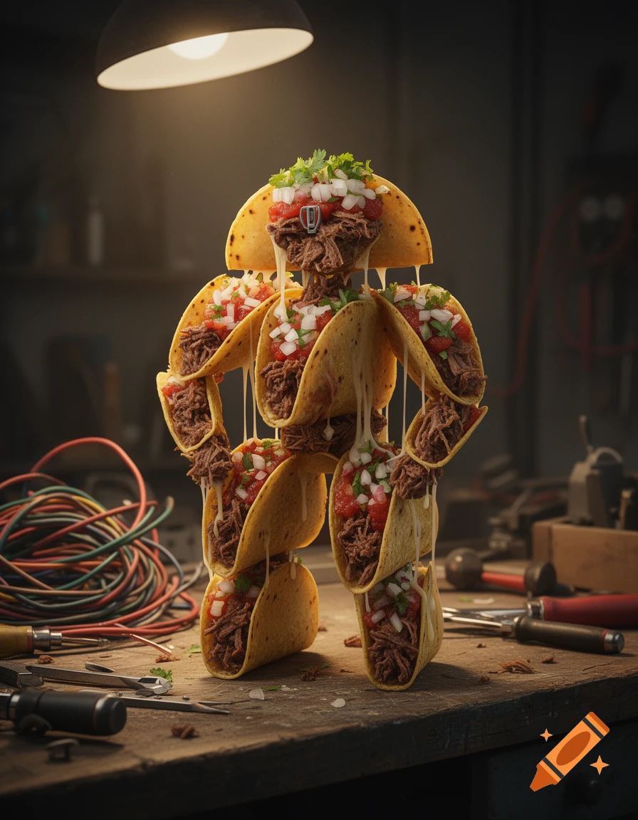 A photorealistic figure resembling a robot, meticulously constructed from birria tacos, dripping with cheese and sauce, standing on a workshop bench.
