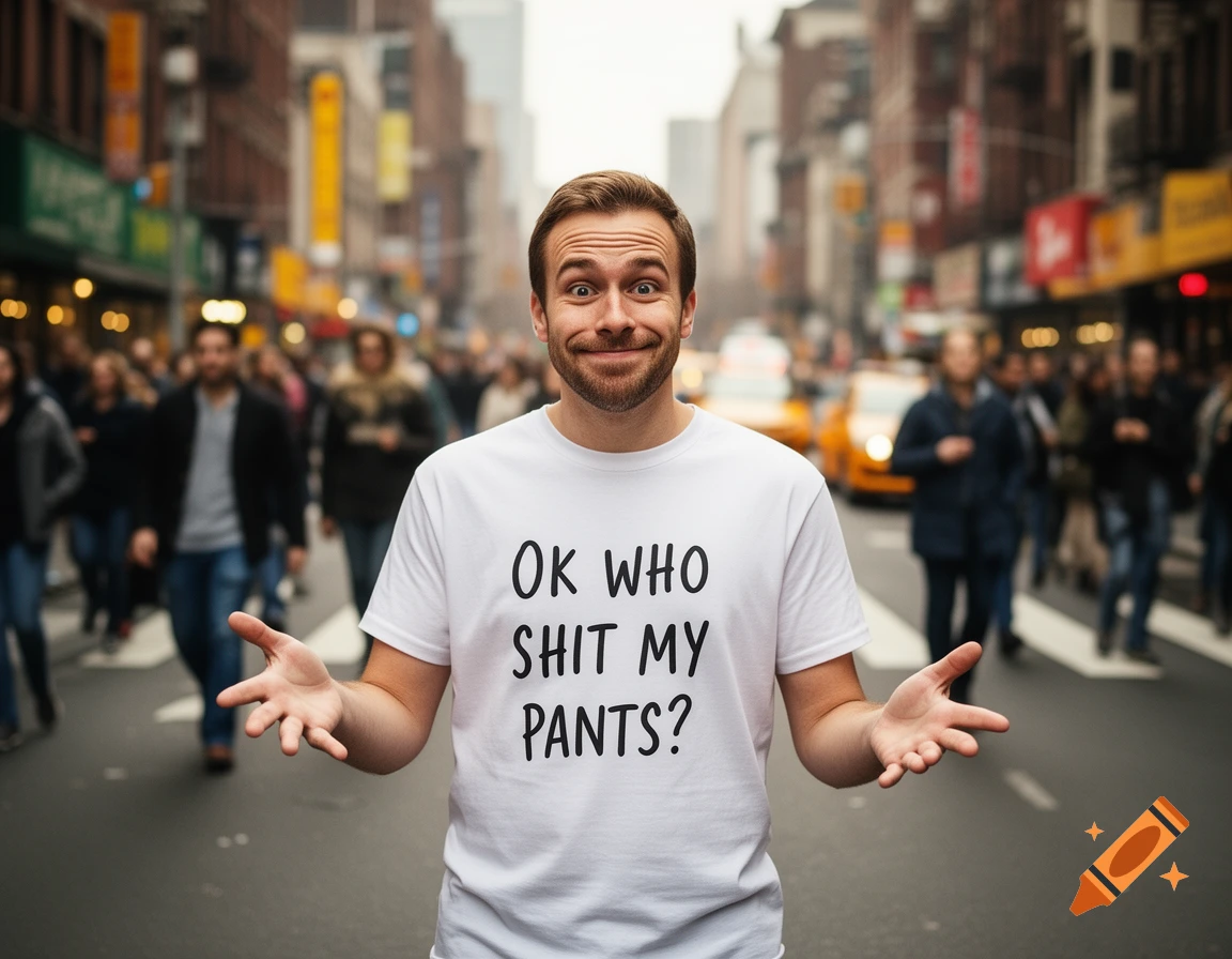 A man with a surprised expression and large hands, wearing a white t-shirt that reads "OK WHO SHIT MY PANTS?", stands on a bustling city street.