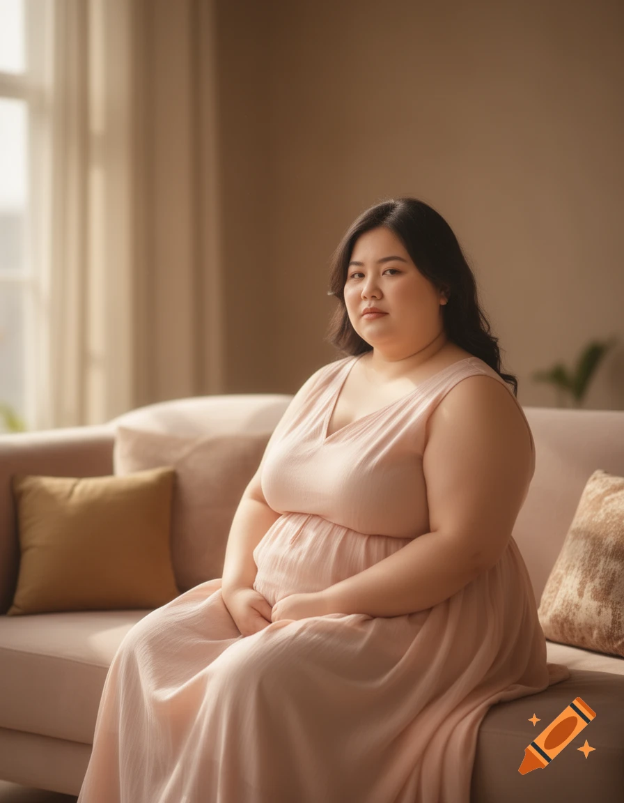 A photorealistic portrait of a woman sitting on a couch in warm light.