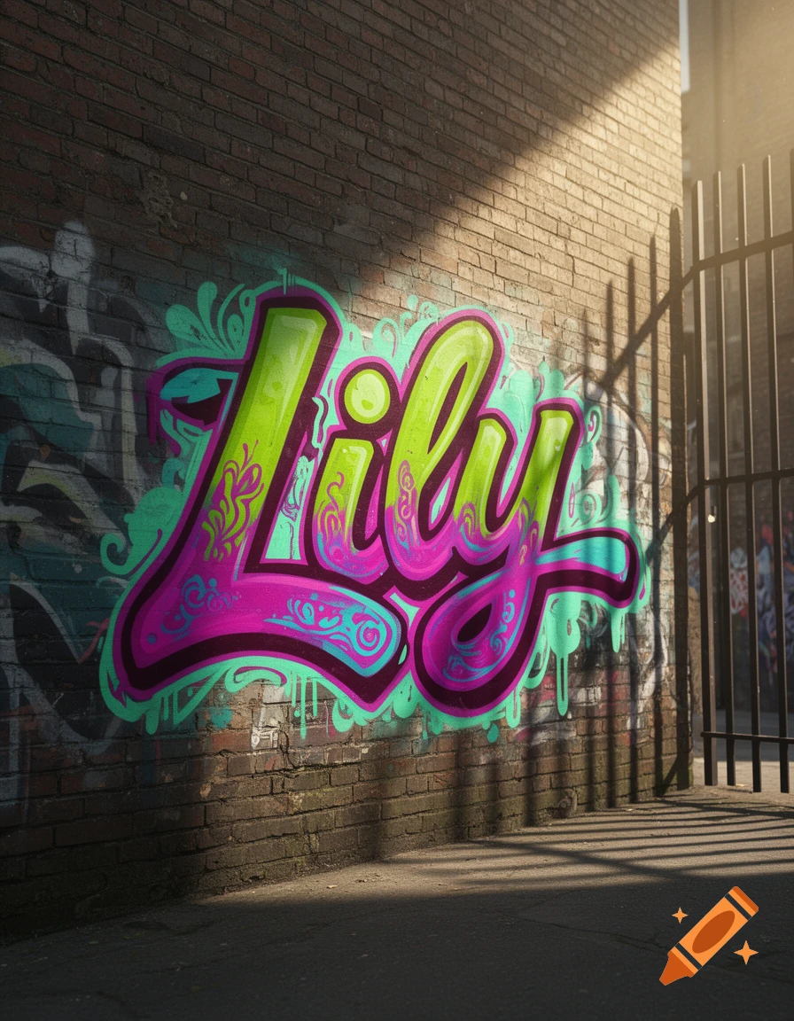 Colorful graffiti of the name 'Lily' on a brick wall in a sunlit alley.