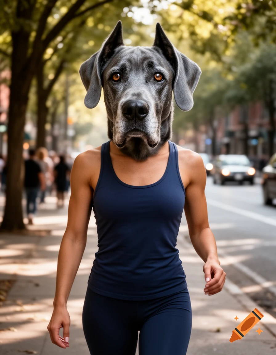 A photorealistic image of a woman with a dark gray Great Dane dog head walking on a city sidewalk.