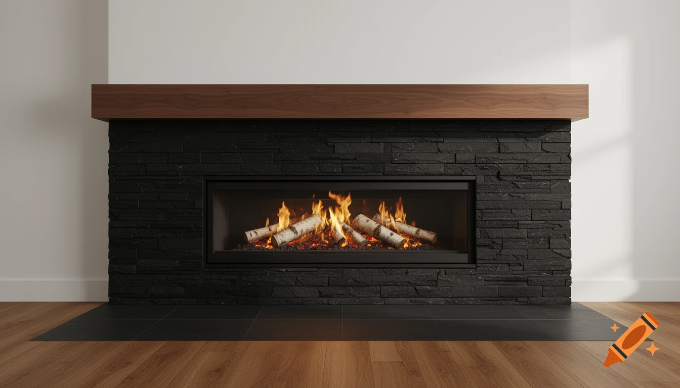 A photorealistic modern gas fireplace with black stacked slate, a walnut wood mantel, realistic flames, and birch logs in a room with a white wall and wood floor.
