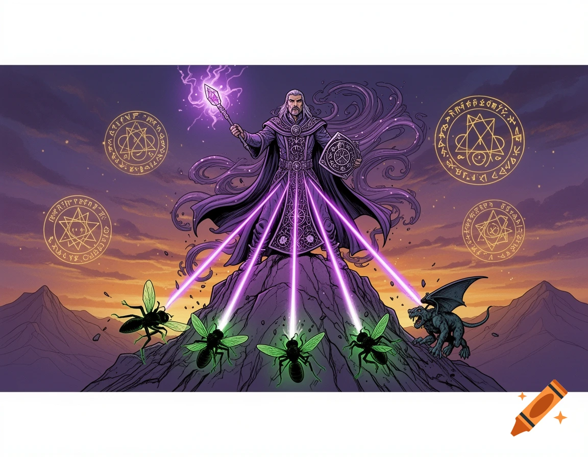 A powerful wizard on a rocky mountain peak casts purple magical beams at fly-like creatures and a gargoyle at sunset, in a comic illustration style.