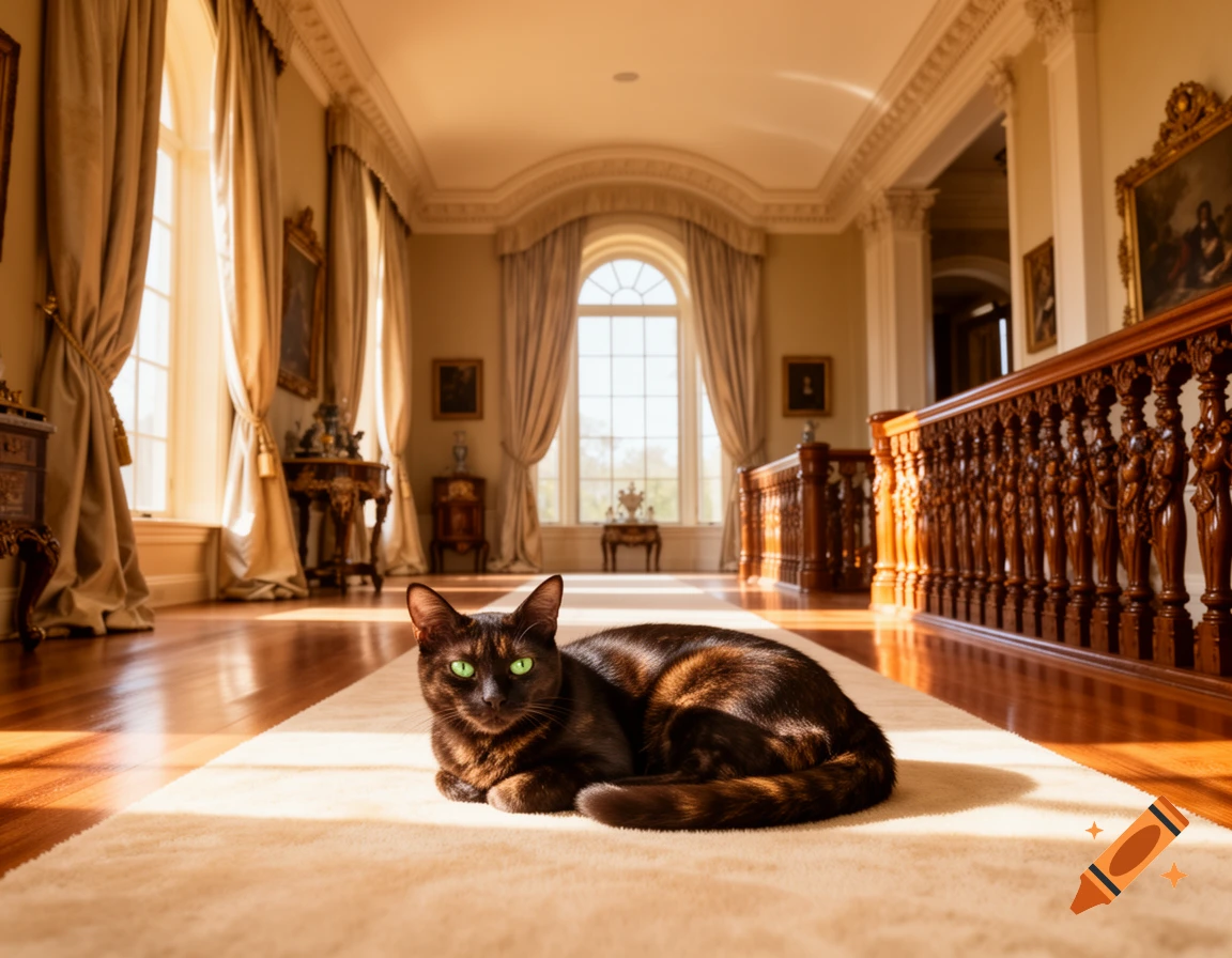 A dark brown cat with green eyes relaxes on a rug in a grand, sunlit mansion hallway with ornate architecture.