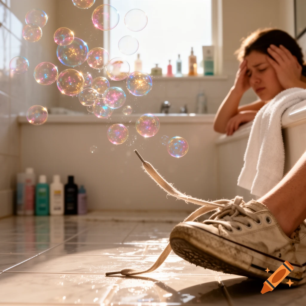 A person holds their head in a bathtub while a shoelace hangs over a wet tiled floor with many iridescent bubbles floating.