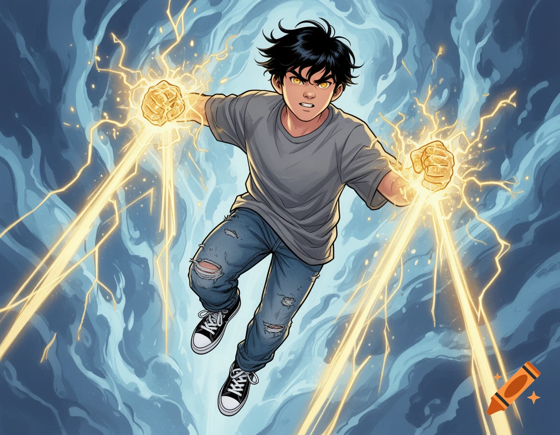 A determined teenage boy with black hair and golden eyes floats in the air, his clenched fists flowing with golden power, in a modern comic book style.