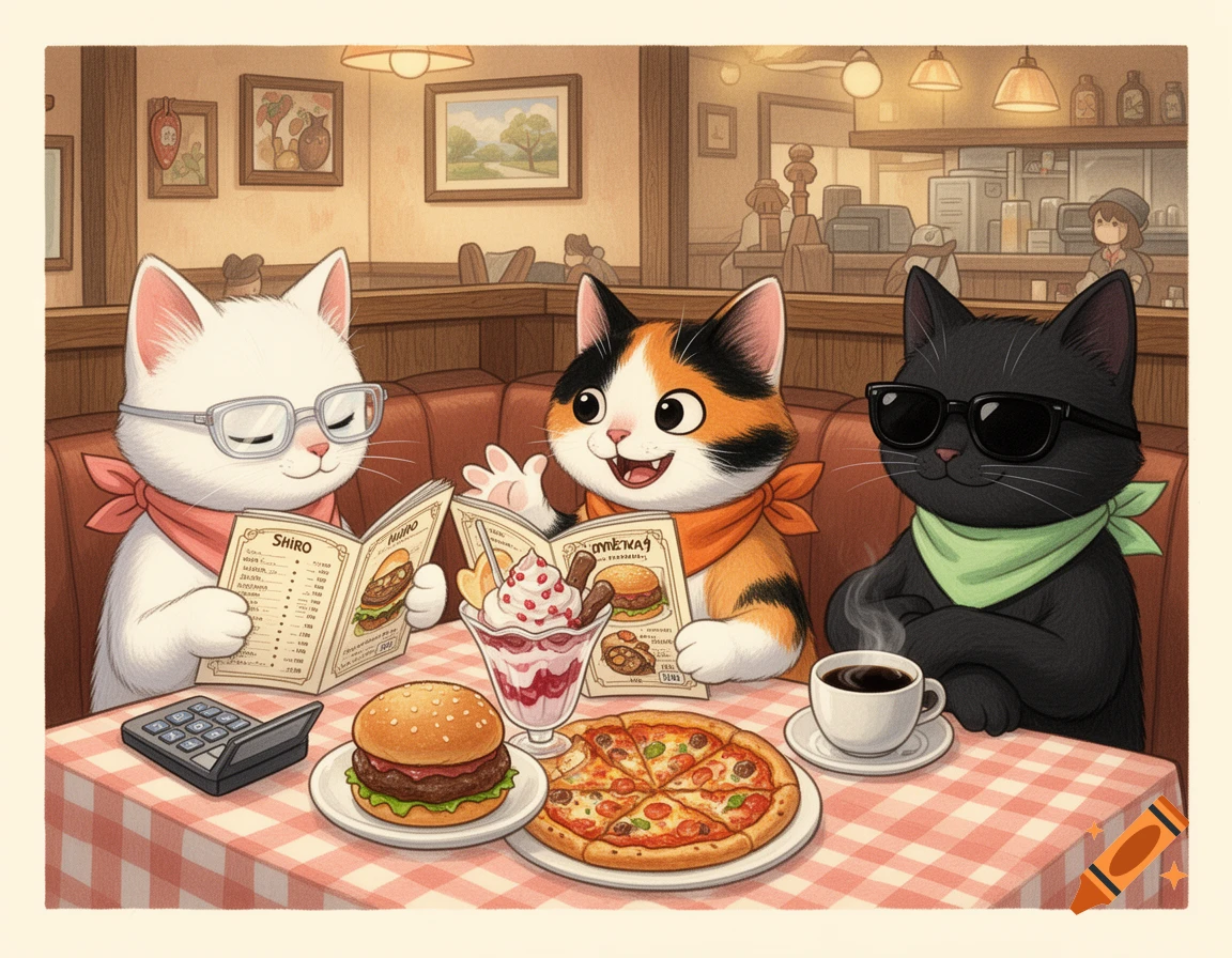 Three cartoon cats dine in a cozy restaurant. A white cat with glasses looks at a menu with a calculator, a calico cat points at menu items with a hungry smile, and a black cat with sunglasses sips coffee. A burger, pizza, and parfait are on the table.