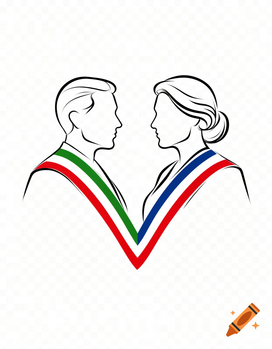 Line art profiles of a man and a woman wearing sashes with the French and Italian flag colors, facing each other.