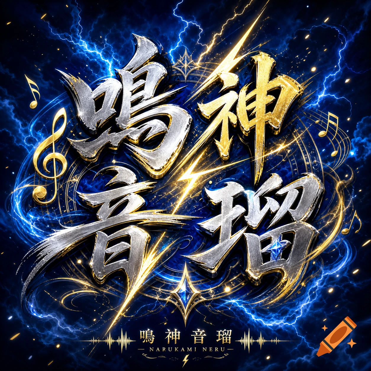 Stylized logo with metallic silver and gold Japanese characters '鳴神音瑠' (Narukami Neru), electric blue lightning, golden musical notes, and sparkles against a dark background.