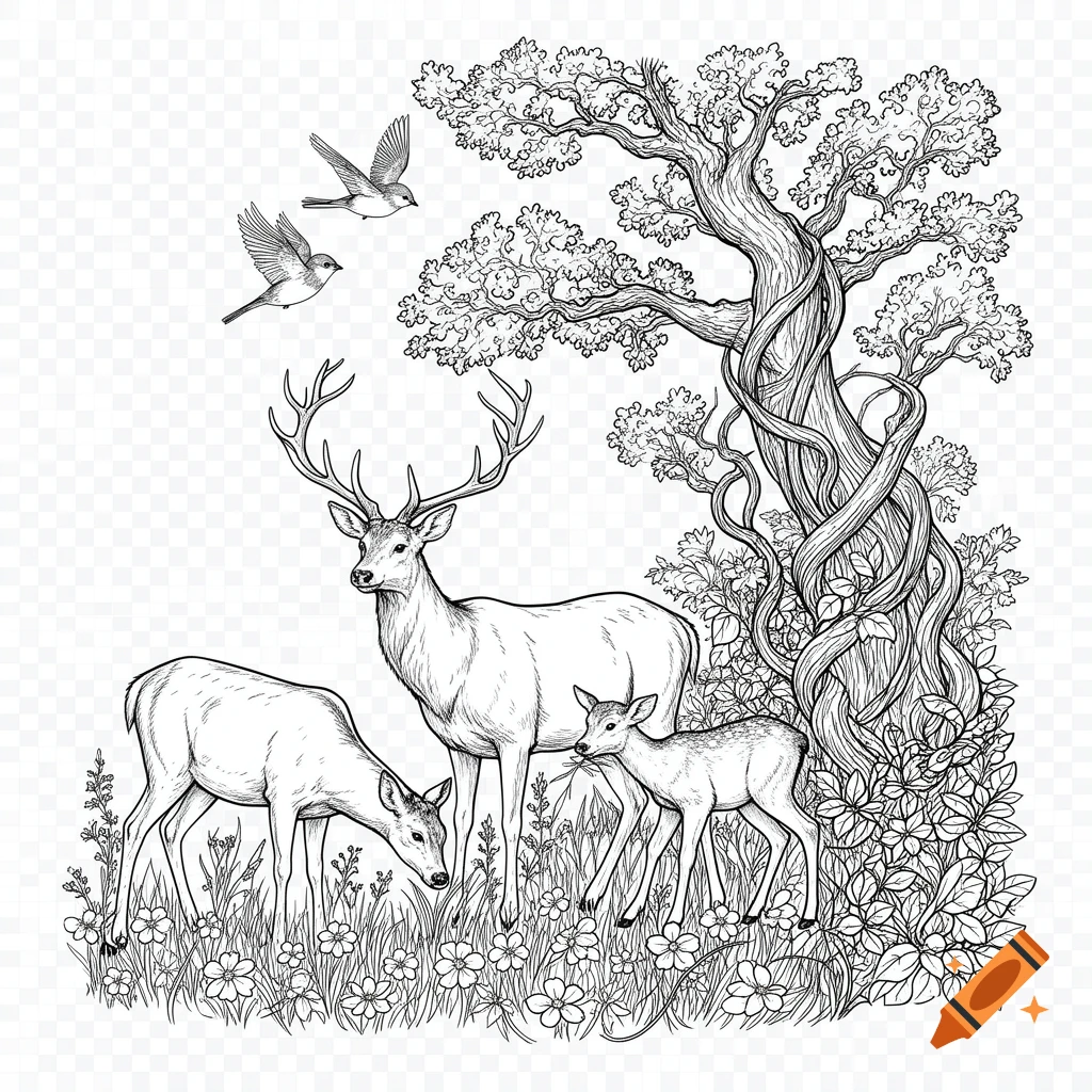 Outline drawing of a stag, doe, and fawn in a flowery meadow with two birds flying near a large tree.