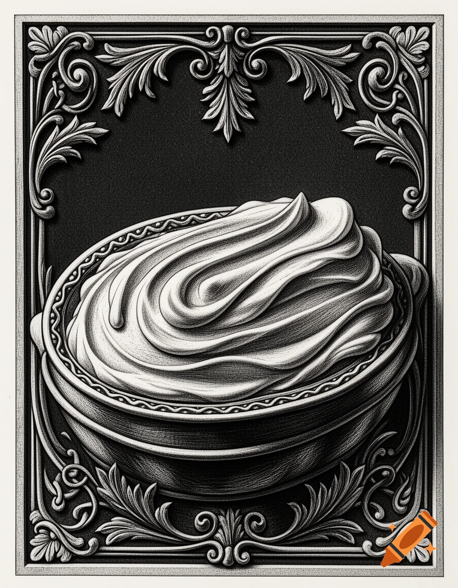 Black and white relief print of a bowl of swirled butter or cream, framed by ornate decorative borders.