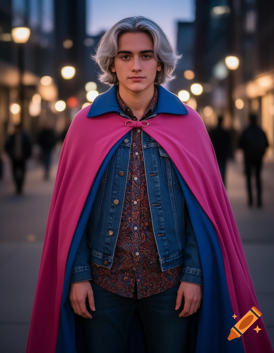 A young man with silver hair and a serene expression, wearing a pink and blue cape over a denim jacket and patterned shirt, stands on a street at dusk with blurred lights.