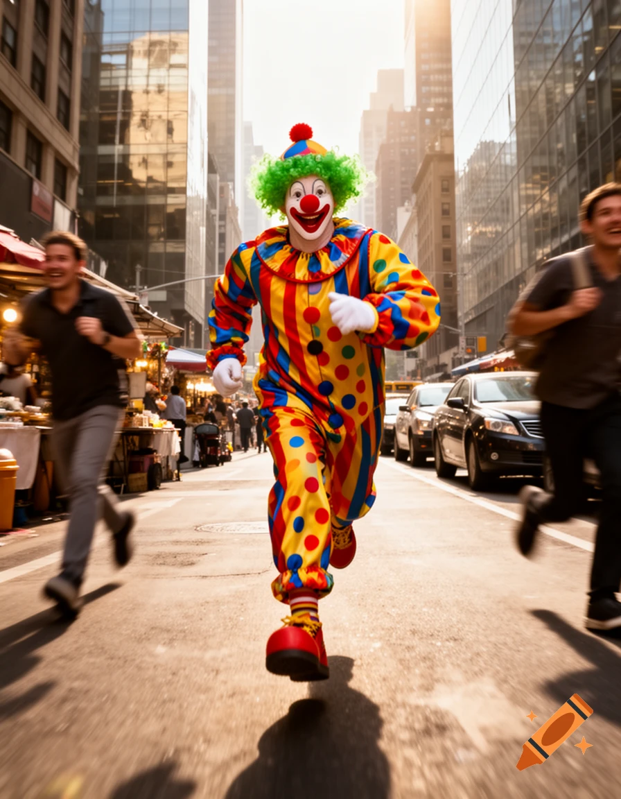 A vibrant clown with a green wig and colorful polka-dot and striped suit runs towards the viewer on a city street, with blurred people running away.