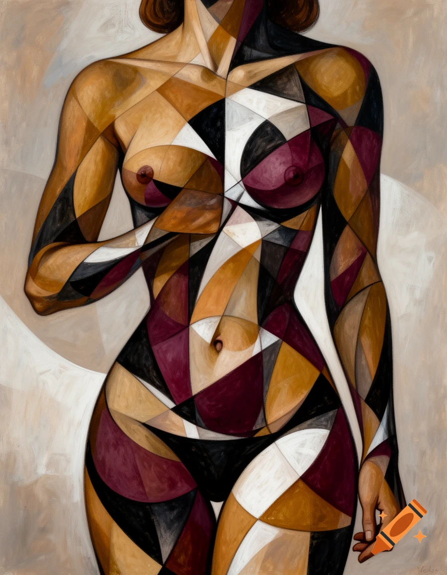 Cubist painting of a nude female torso, fragmented into geometric shapes in earthy tones, black, white, and maroon.