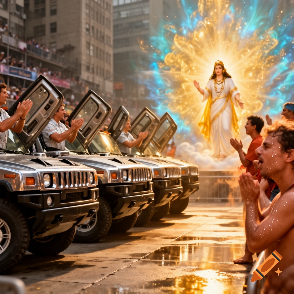 A glowing divine figure hovers over a city street, with people praying and cheering next to a line of Hummers.