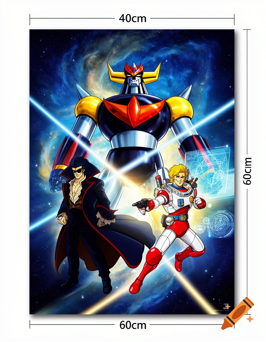 A vibrant anime-style poster featuring the giant robot Grendizer, Captain Harlock, and Captain Future in a star-filled space background.