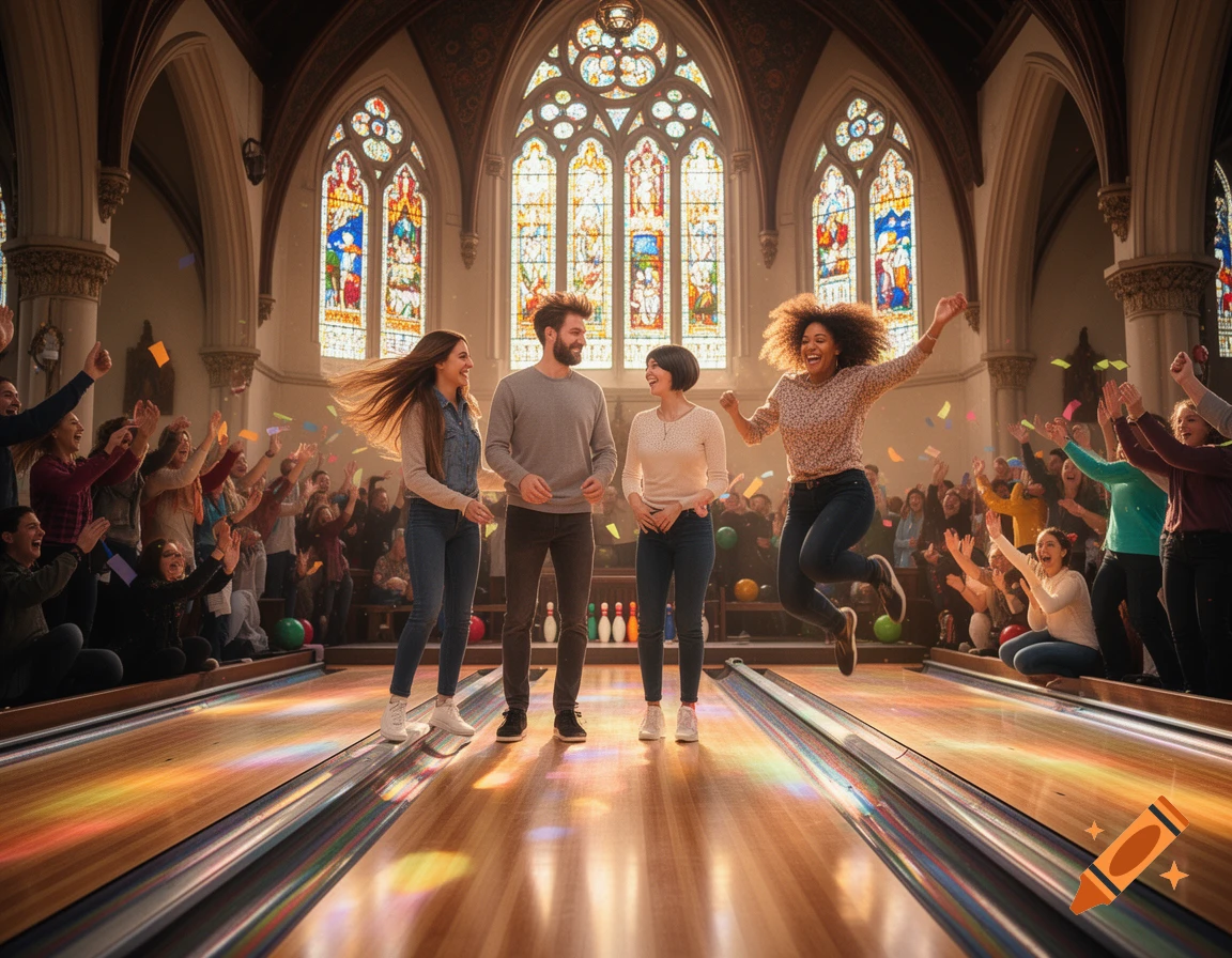 Four friends bowl in a church, one woman jumps ecstatically as confetti falls, with a cheering crowd and stained glass windows.