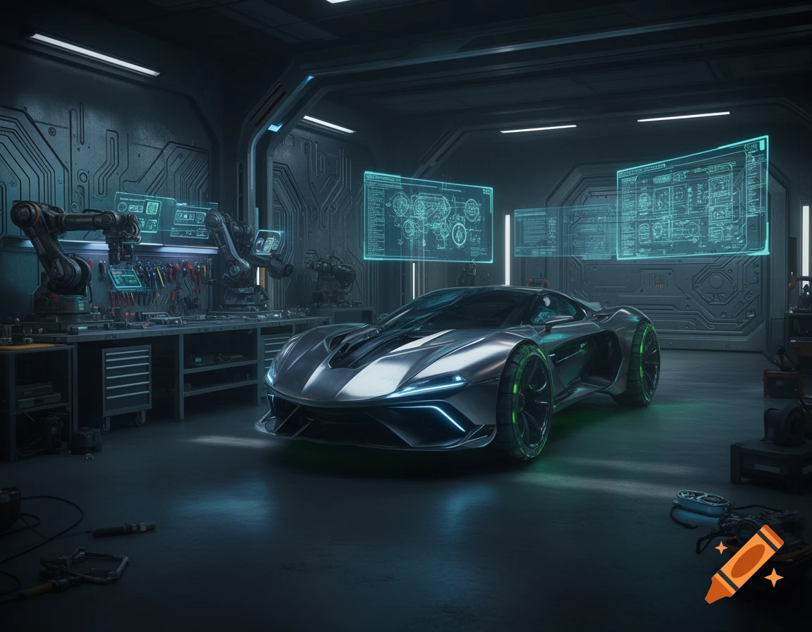 A futuristic silver sports car with glowing accents in a dark, high-tech sci-fi garage with holographic displays and robotic arms.
