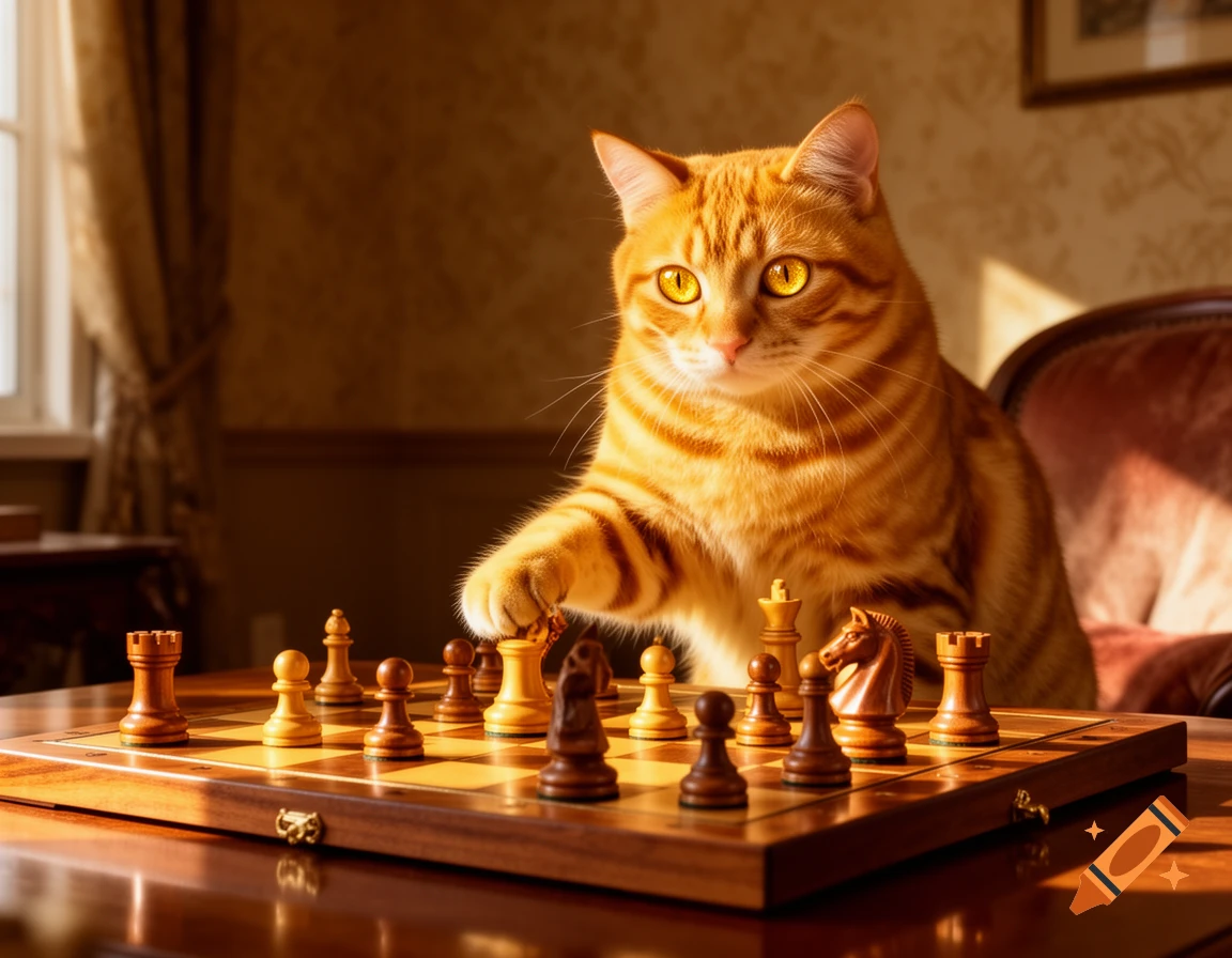An orange-yellow striped cat with glowing yellow eyes intently plays chess on a wooden board in a sunlit room.