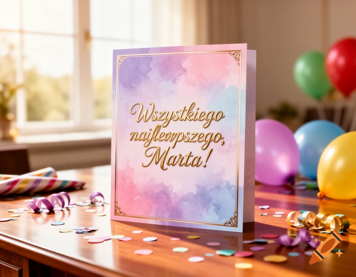 A photorealistic image of a birthday card reading 'Wszystkiego najlepszego, Marta!' on a wooden table with confetti and balloons.