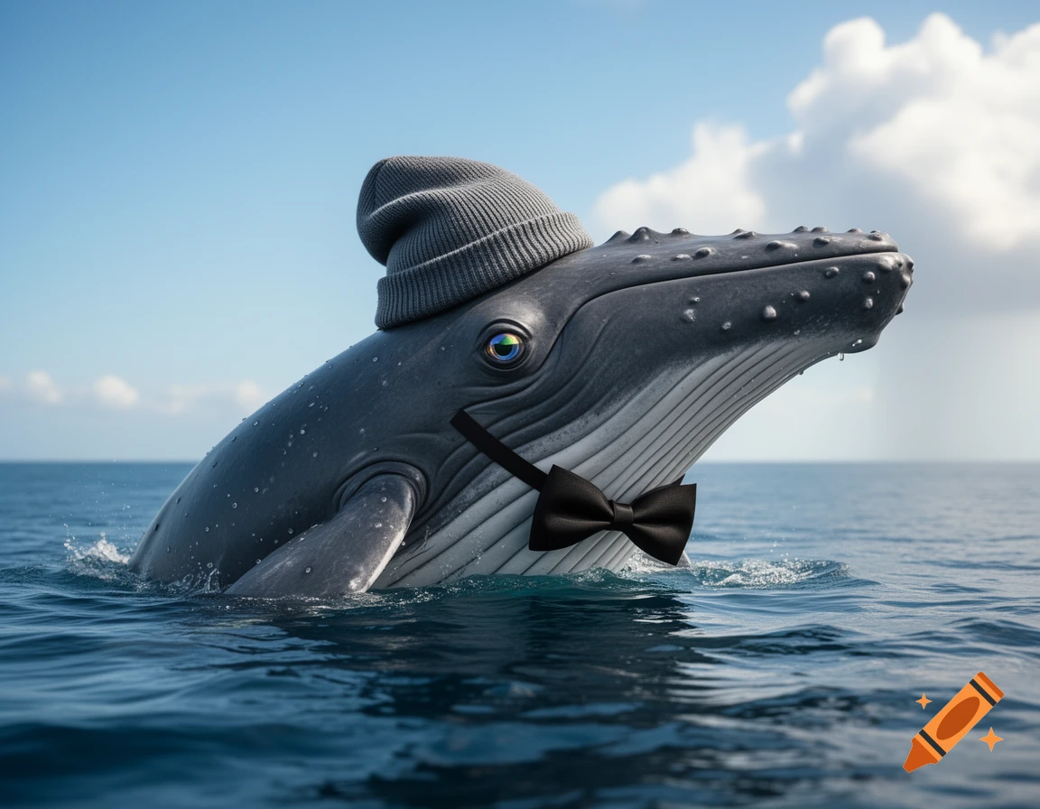 A photorealistic whale wearing a gray beanie and a black bow tie, emerging from a blue ocean under a partly cloudy sky.