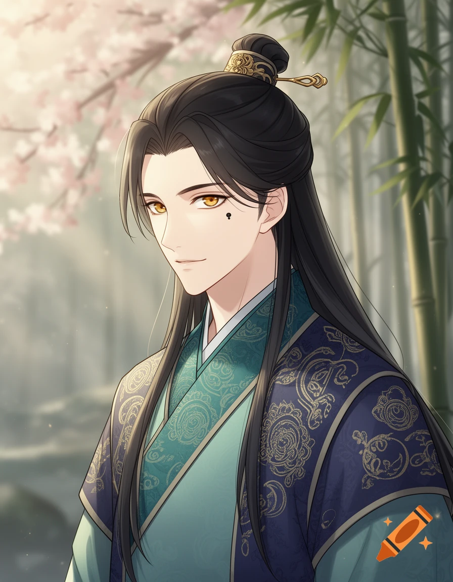 Anime-style portrait of a man with long black hair, golden eyes, and a beauty mark, wearing a traditional Chinese robe.