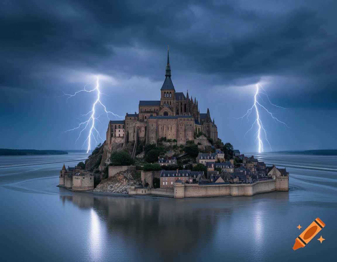 Photorealistic Mont Saint-Michel under a stormy sky with two lightning bolts striking the water.
