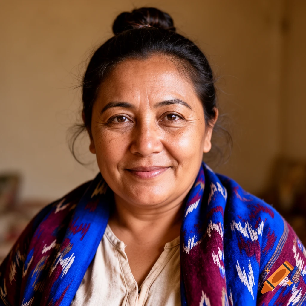A close-up photorealistic portrait of a smiling middle-aged woman with dark hair tied in a bun, wearing a colorful patterned shawl.
