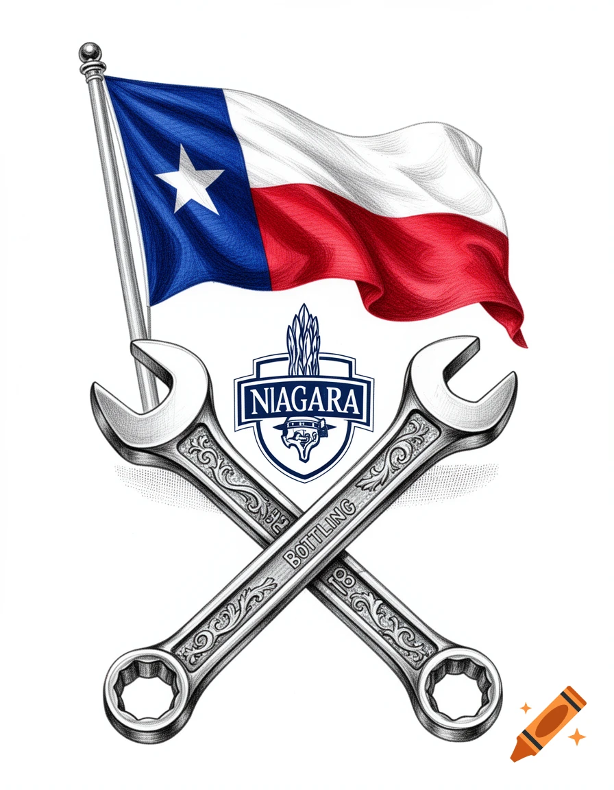 Pen art illustration of a Texas flag waving above crossed wrenches, with a 'Niagara Bottling' logo.